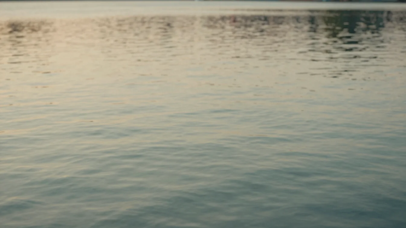 Soft focus shot of a calm, smooth water surface with gentle ripples, reflecting warm natural light from a low sun, muted
