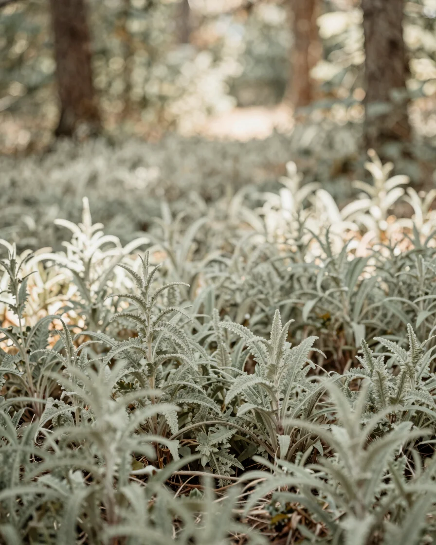 A peaceful, sunlit forest clearing with delicate botanical detail