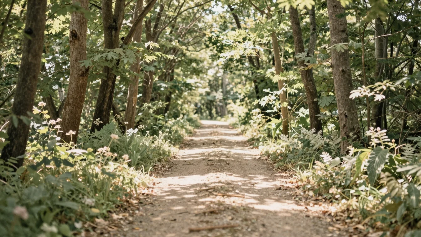 a quiet, sun-dappled forest path with tall trees and soft green u