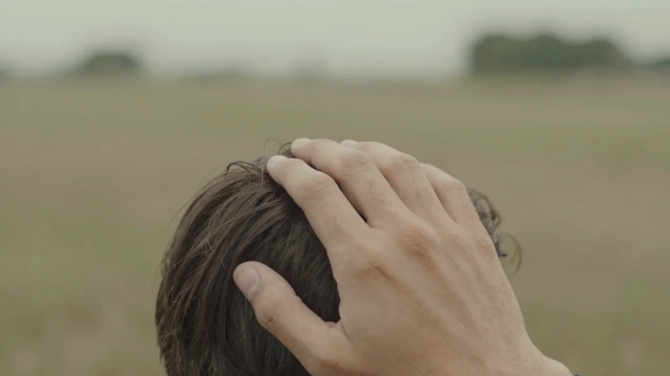 Close-up of a person's head being gently touched, soft diffused daylight, muted sage greens and warm neutral earth tones