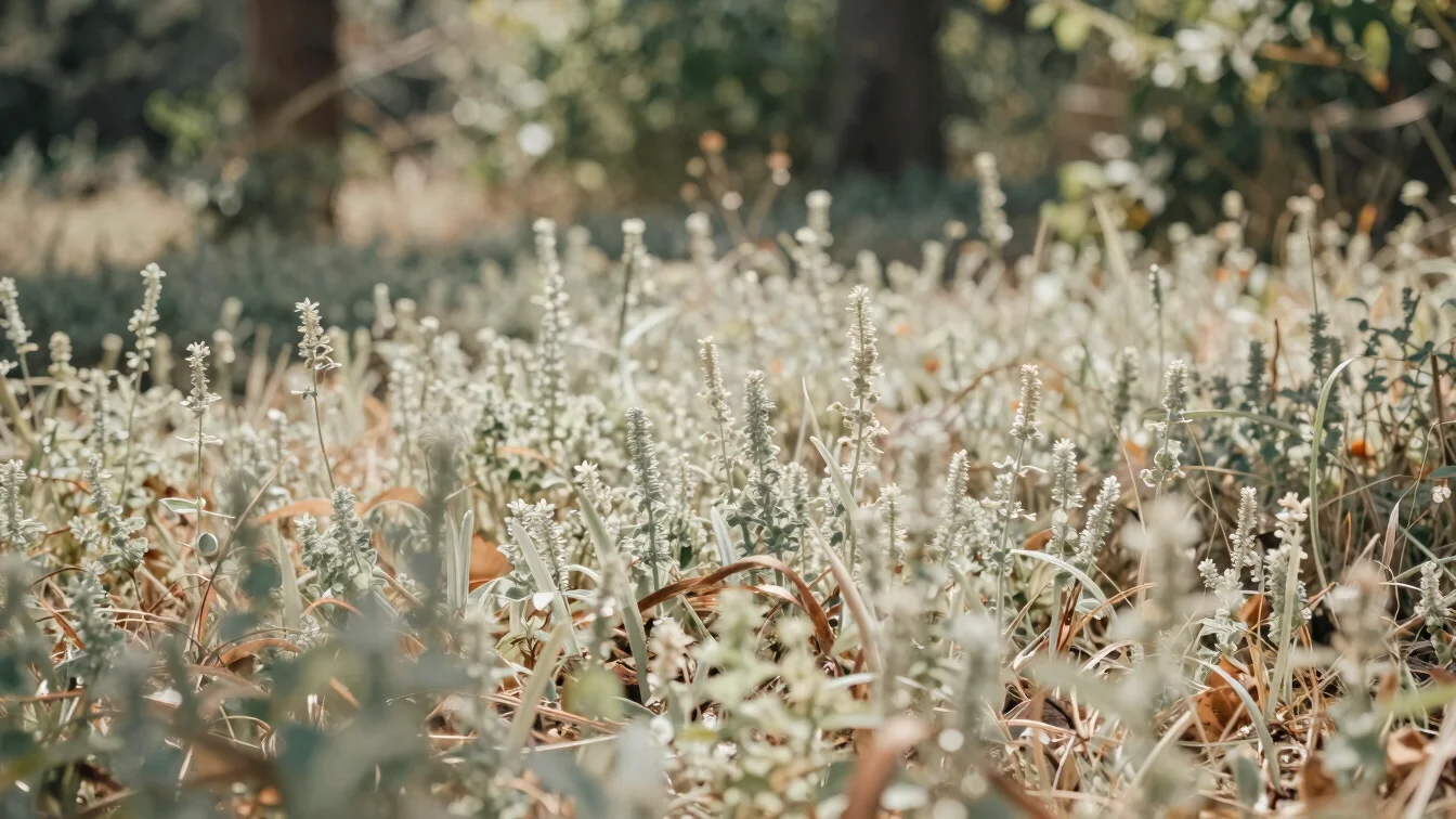 Sunny forest clearing with soft diffused daylight, delicate plant details, muted sage greens and warm neutral earth tone