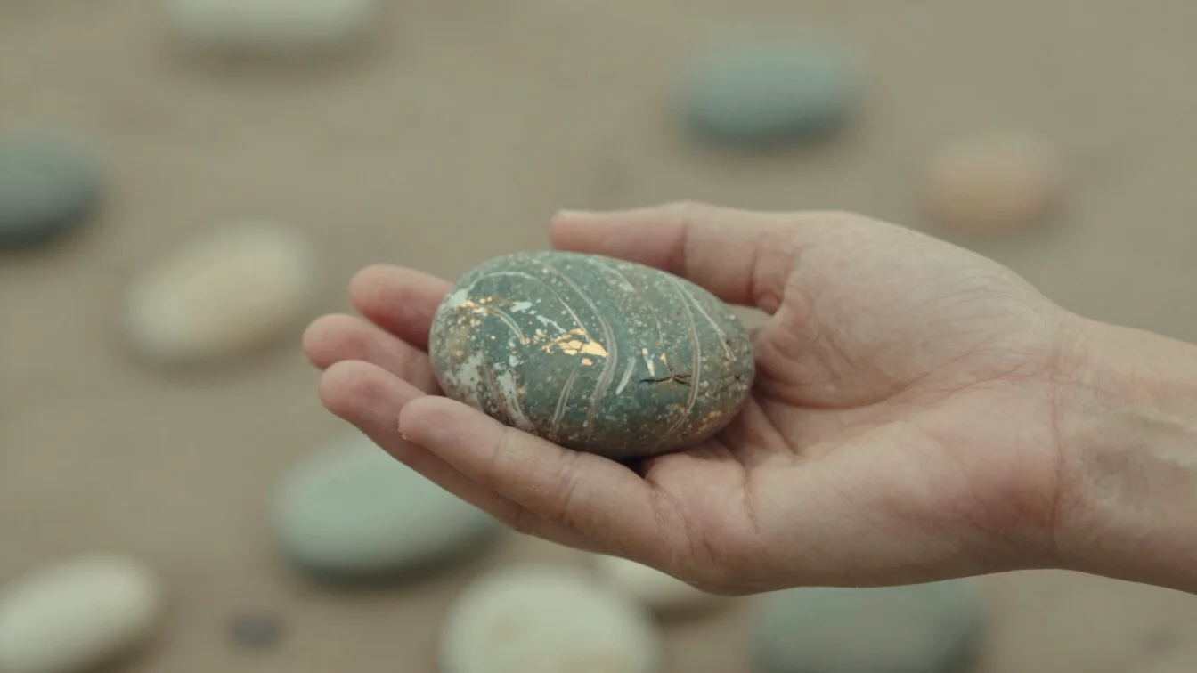 Close-up of hands gently holding a small, smooth river stone, reflecting soft diffused daylight, muted sage greens and w